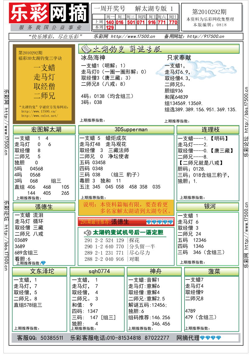 福彩3D第2010292期解太湖钓叟总汇