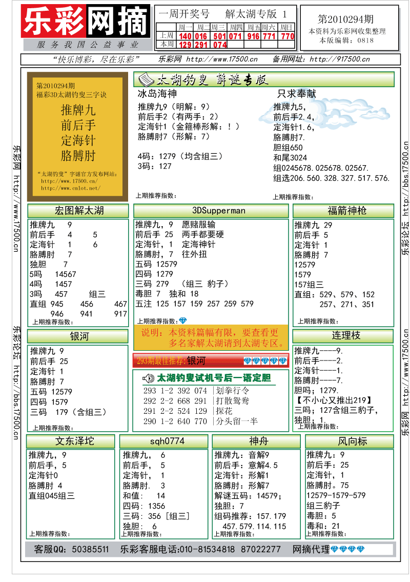 福彩3D第2010294期解太湖钓叟总汇