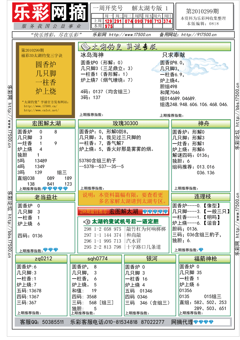 福彩3D第2010299期解太湖钓叟总汇