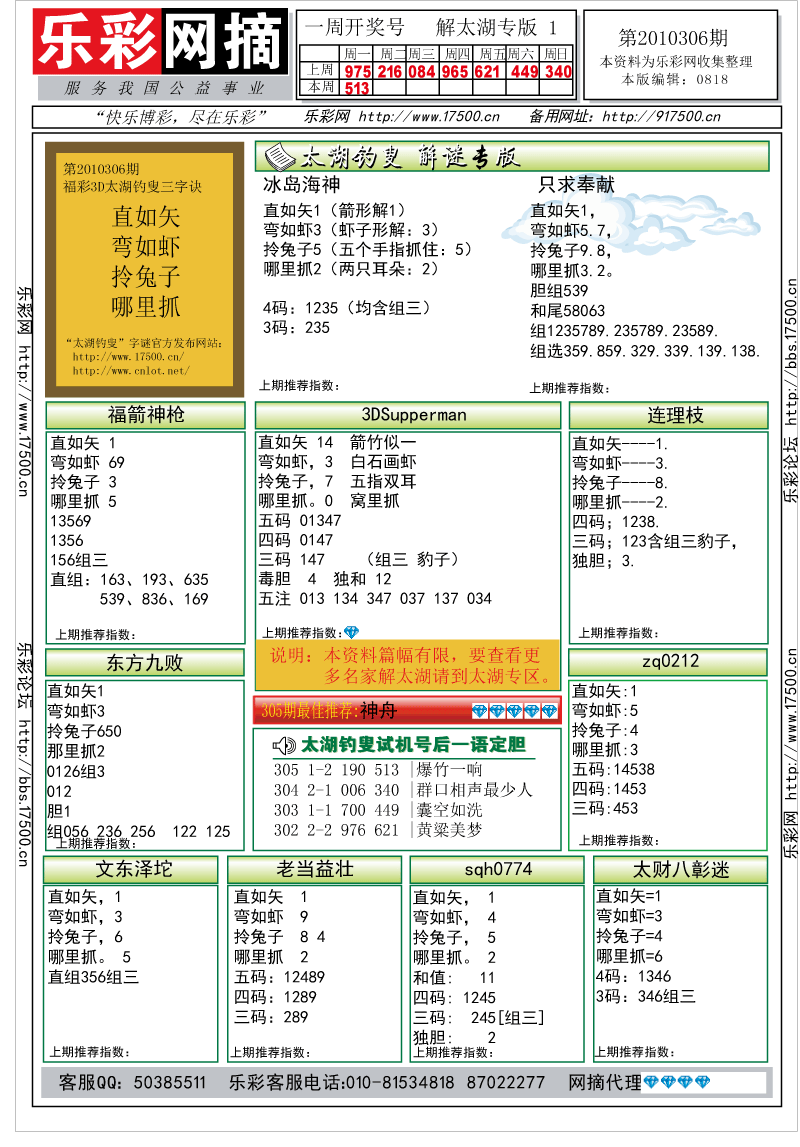 福彩3D第2010306期解太湖钓叟总汇