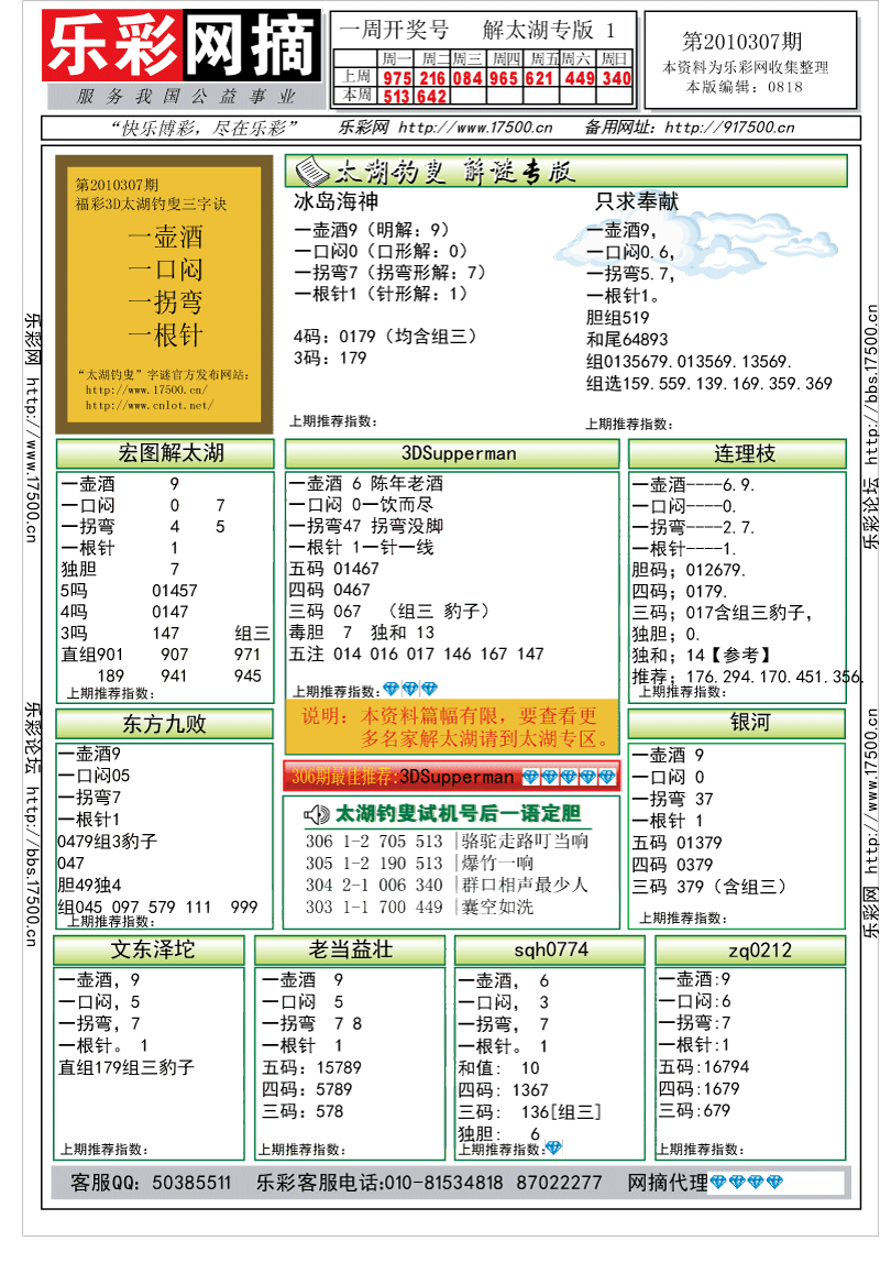 福彩3D第2010306期解太湖钓叟总汇