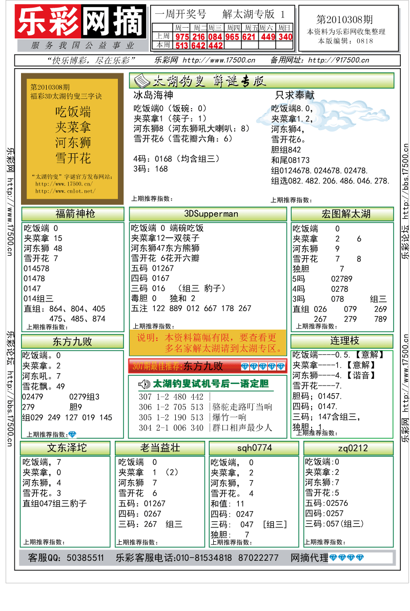 福彩3D第2010308期解太湖钓叟总汇