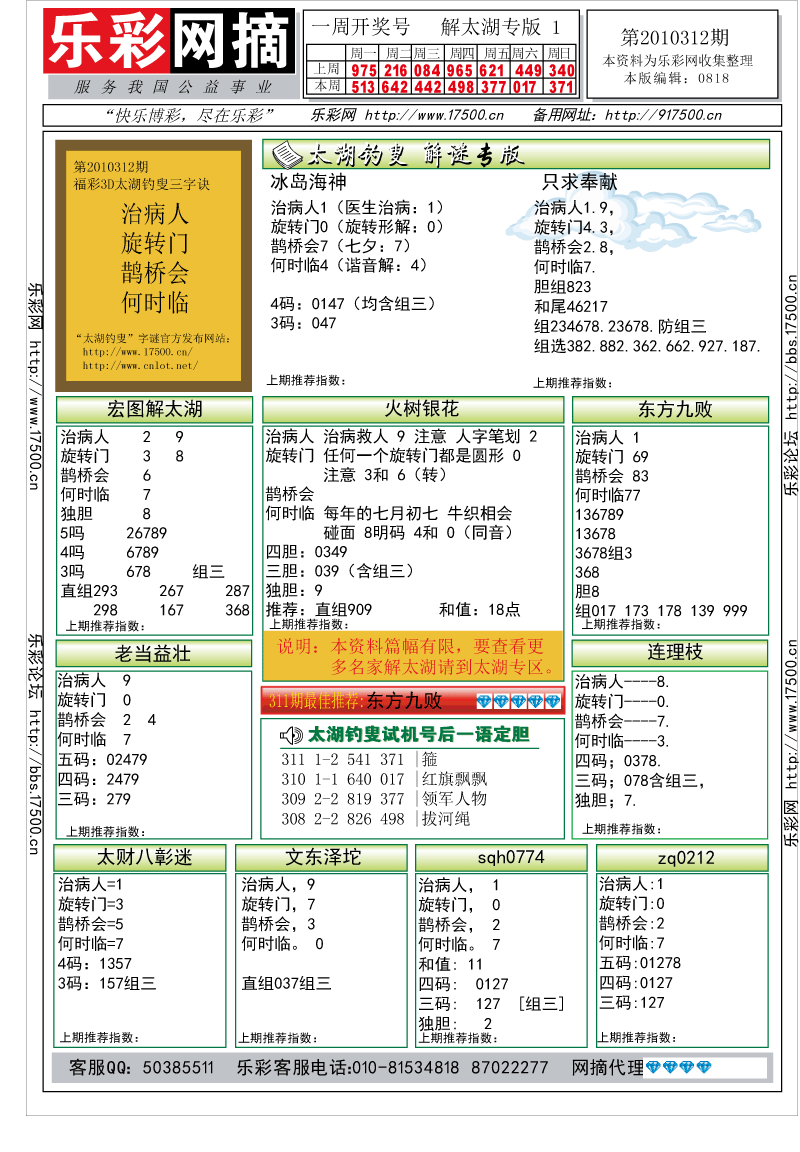 福彩3D第2010312期解太湖钓叟总汇