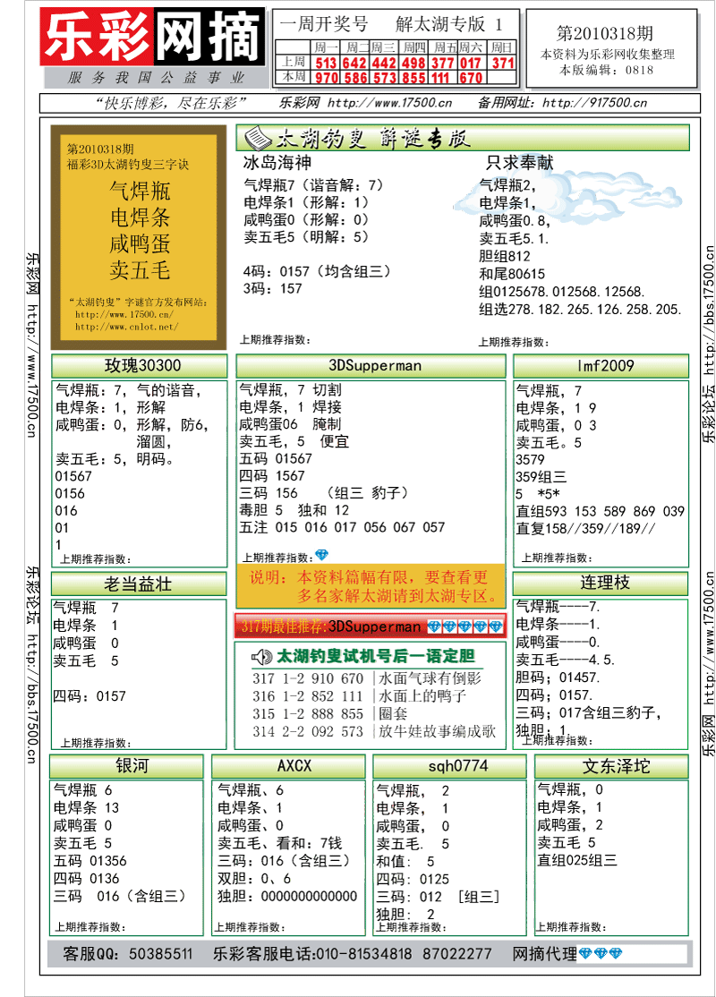 福彩3D第2010318期解太湖钓叟总汇