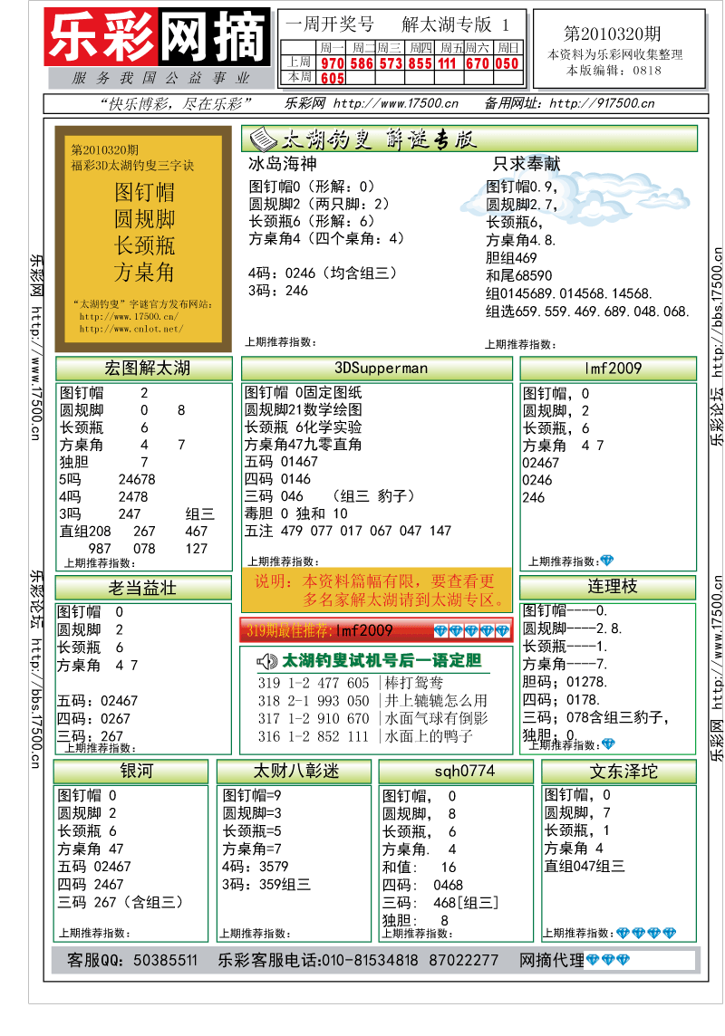 福彩3D第2010320期解太湖钓叟总汇