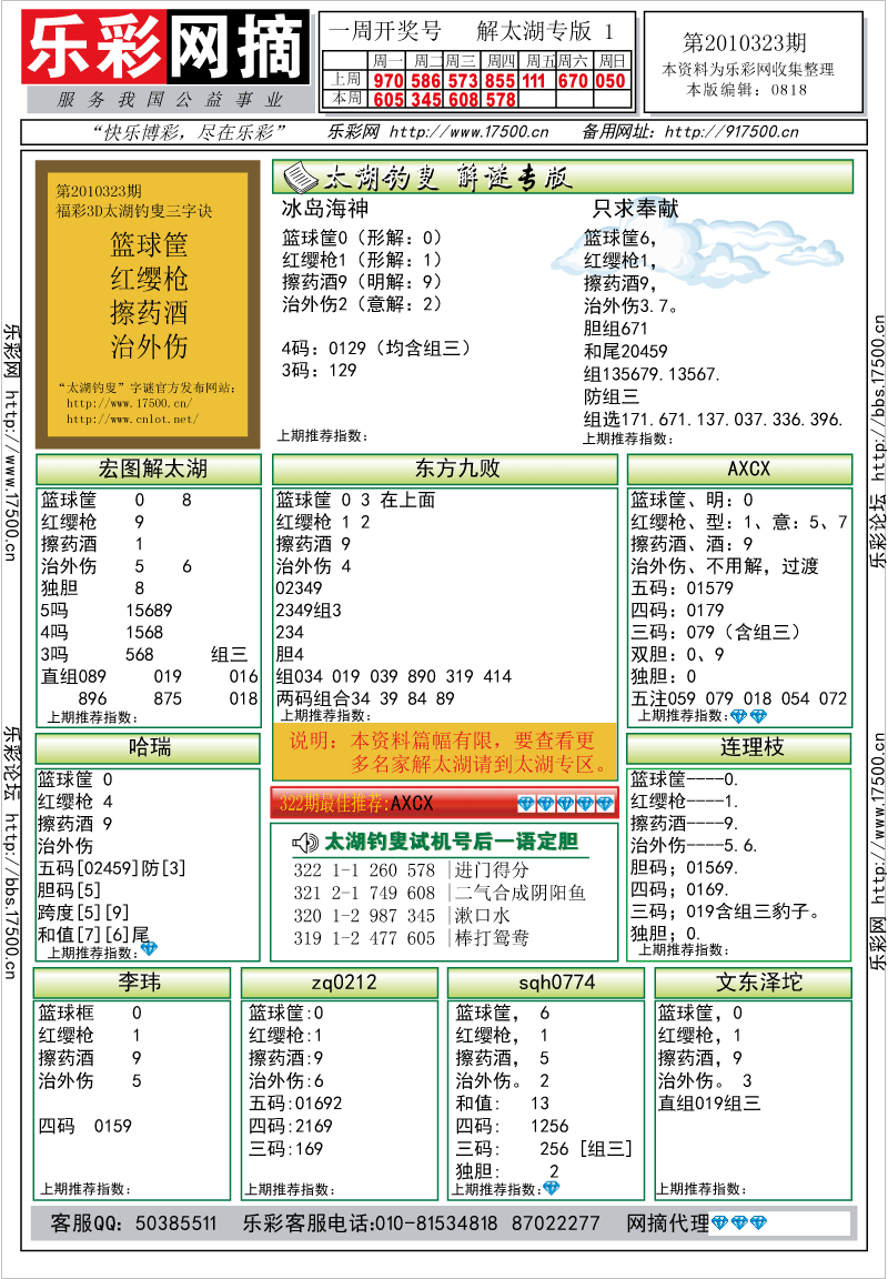 福彩3D第2010323期解太湖钓叟总汇