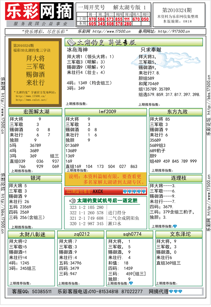 福彩3D第2010324期解太湖钓叟总汇