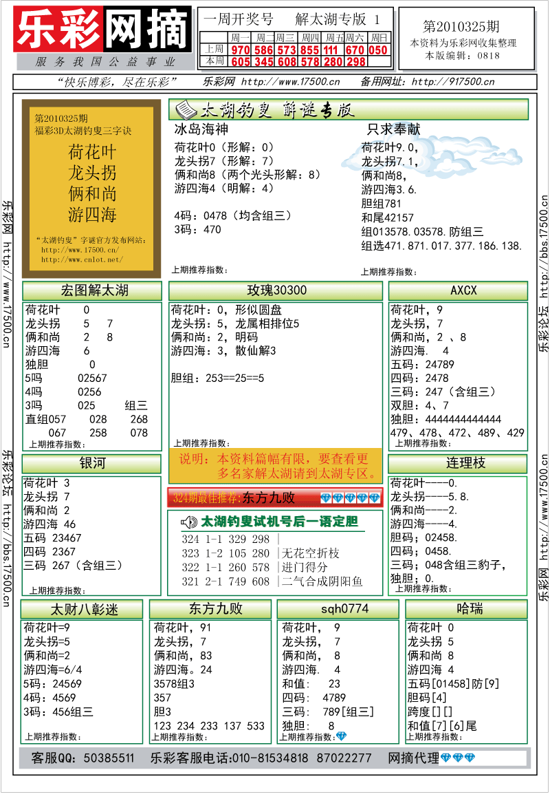 福彩3D第2010325期解太湖钓叟总汇