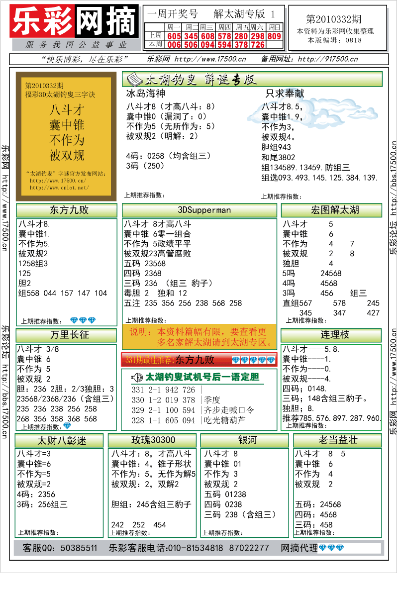 福彩3D第2010332期解太湖钓叟总汇