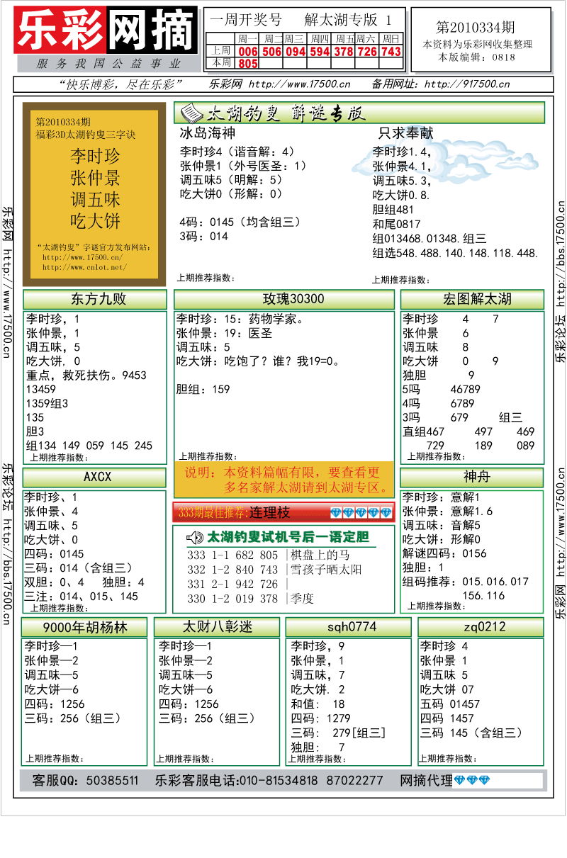 福彩3D第2010334期解太湖钓叟总汇