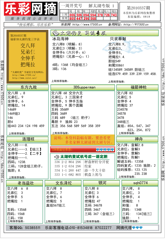 福彩3D第2010337期解太湖钓叟总汇