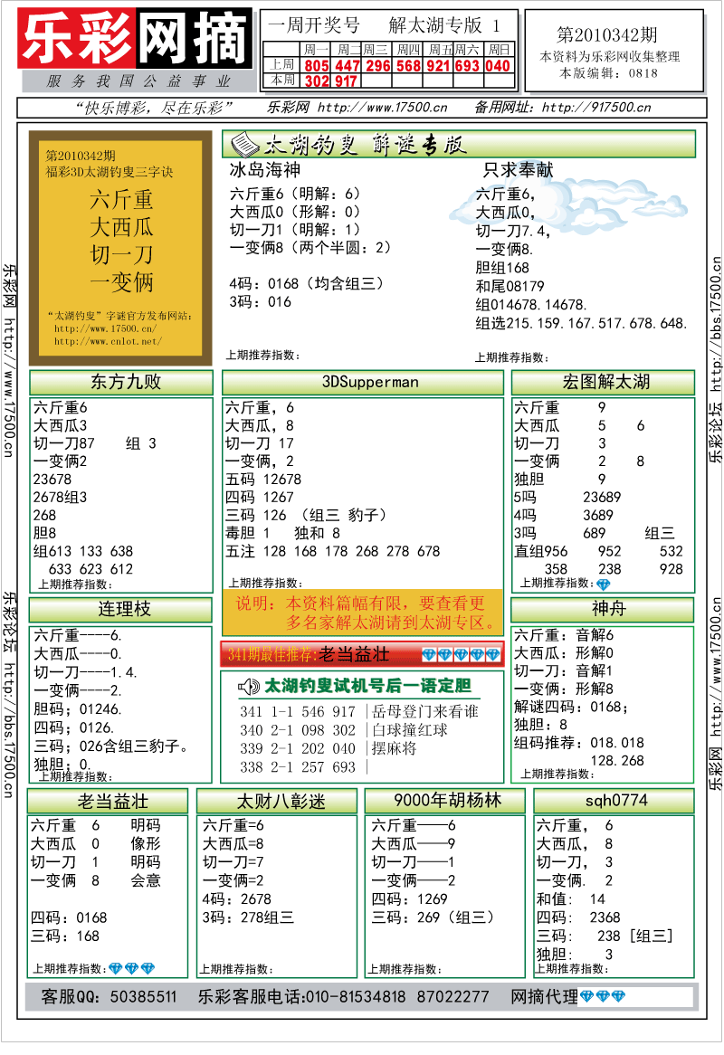 福彩3D第2010342期解太湖钓叟总汇