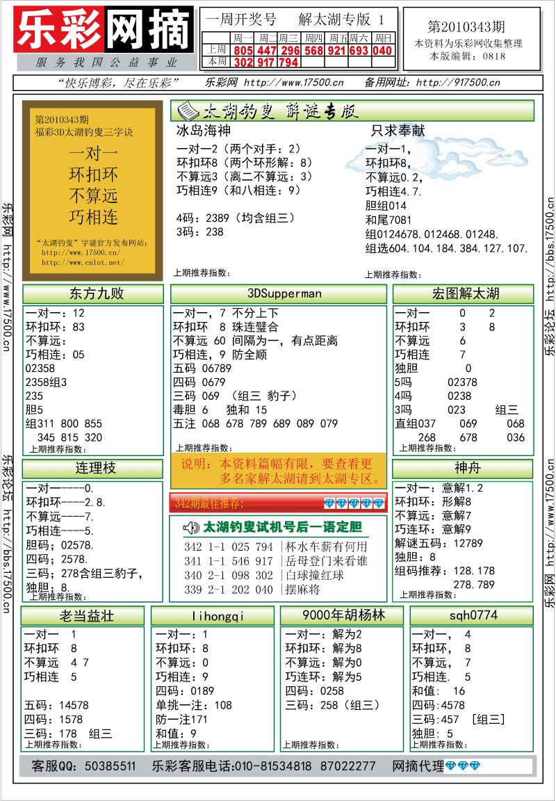 福彩3D第2010343期解太湖钓叟总汇