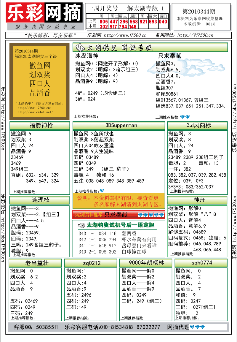 福彩3D第2010344期解太湖钓叟总汇