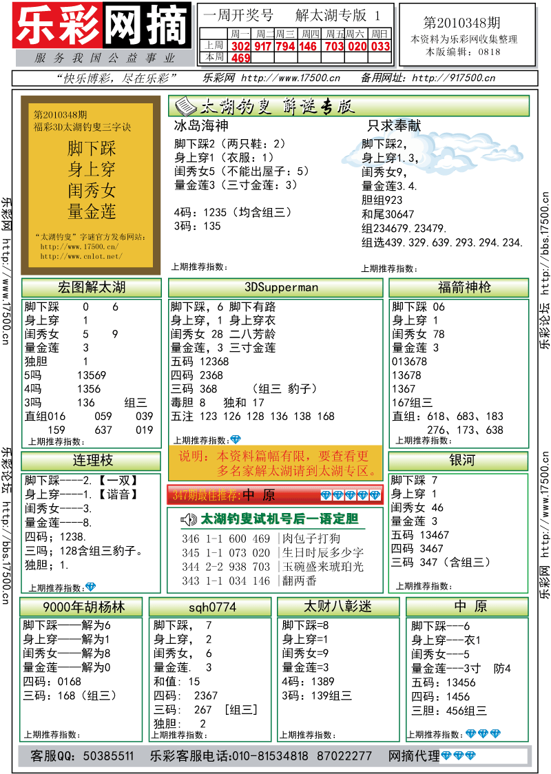 福彩3D第2010348期解太湖钓叟总汇