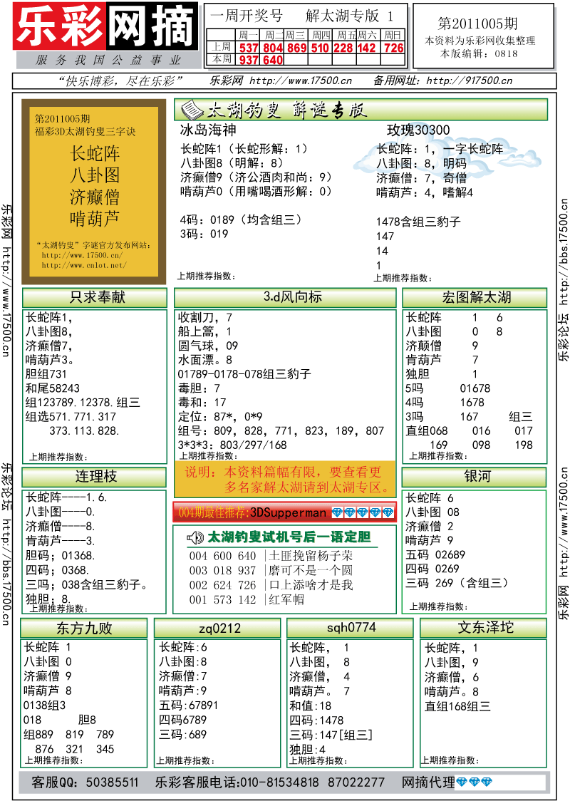 福彩3D第2011005期解太湖钓叟总汇