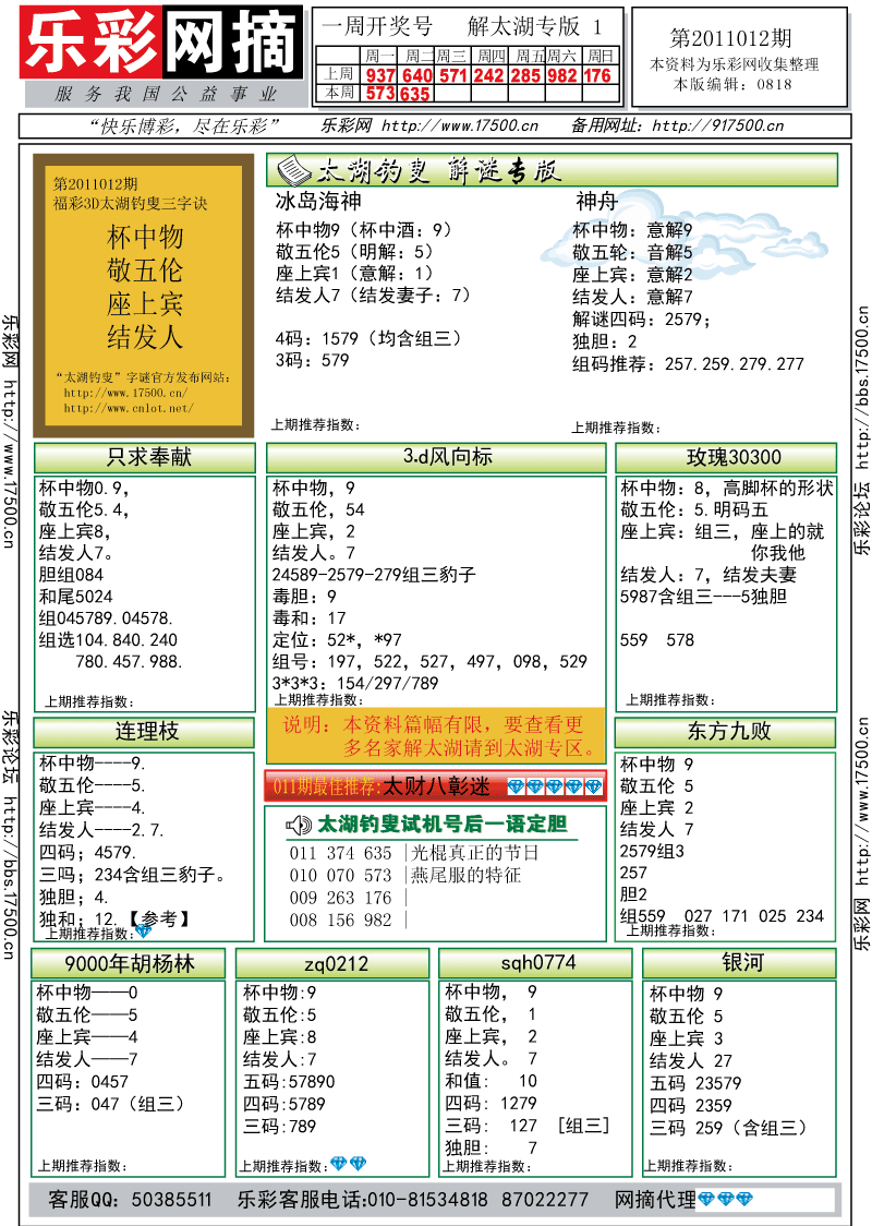 福彩3D第2011012期解太湖钓叟总汇