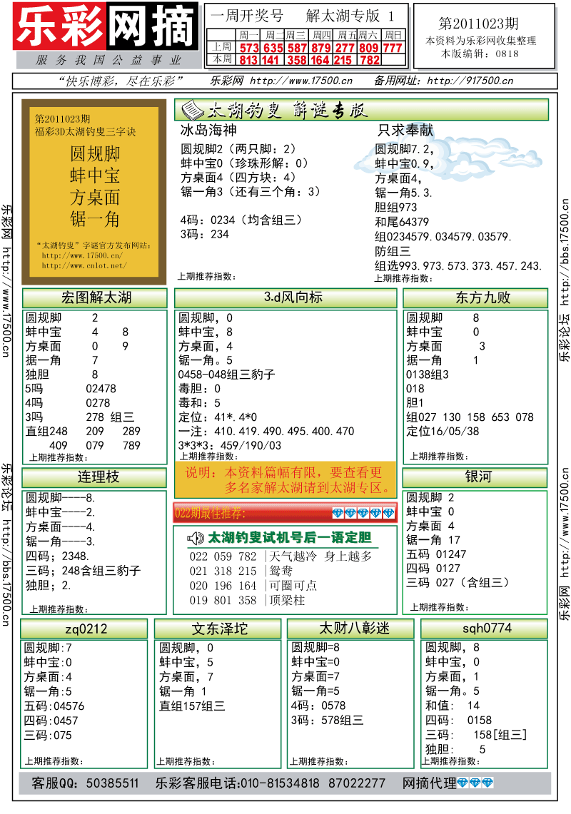 福彩3D第2011023期解太湖钓叟总汇