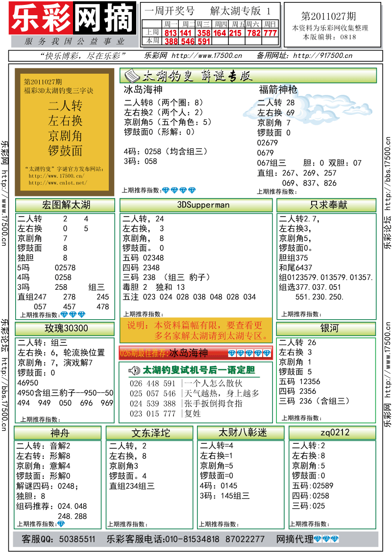 福彩3D第2011027期解太湖钓叟总汇