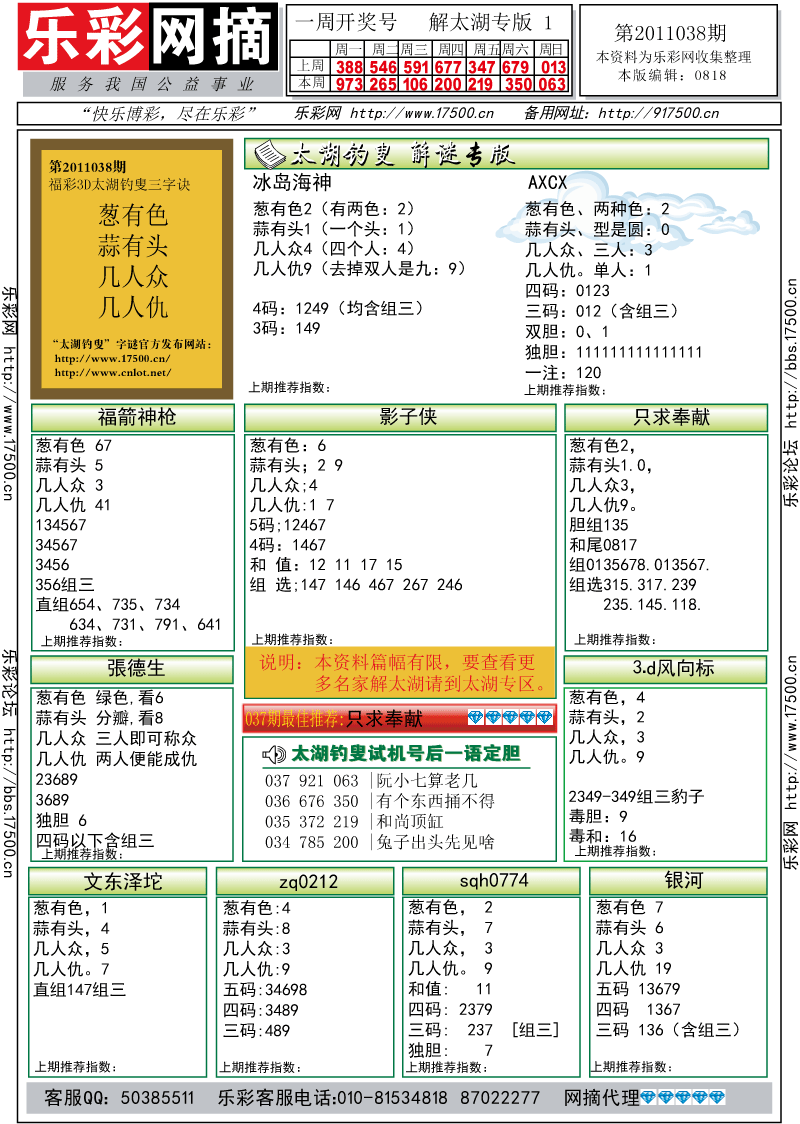 福彩3D第2011038期解太湖钓叟总汇