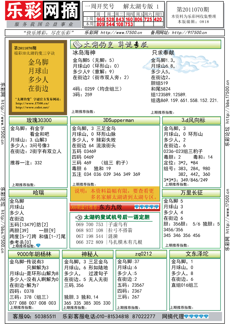 福彩3D第2011070期解太湖钓叟总汇