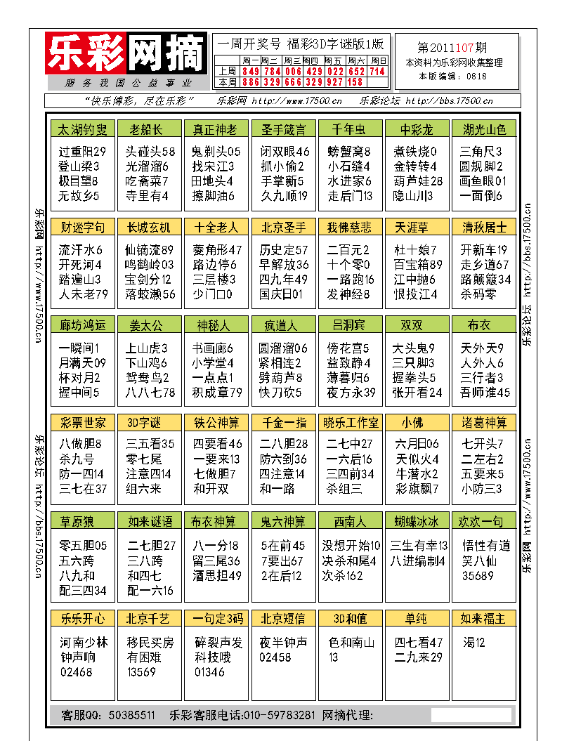 福彩3D第2011107期字谜总汇