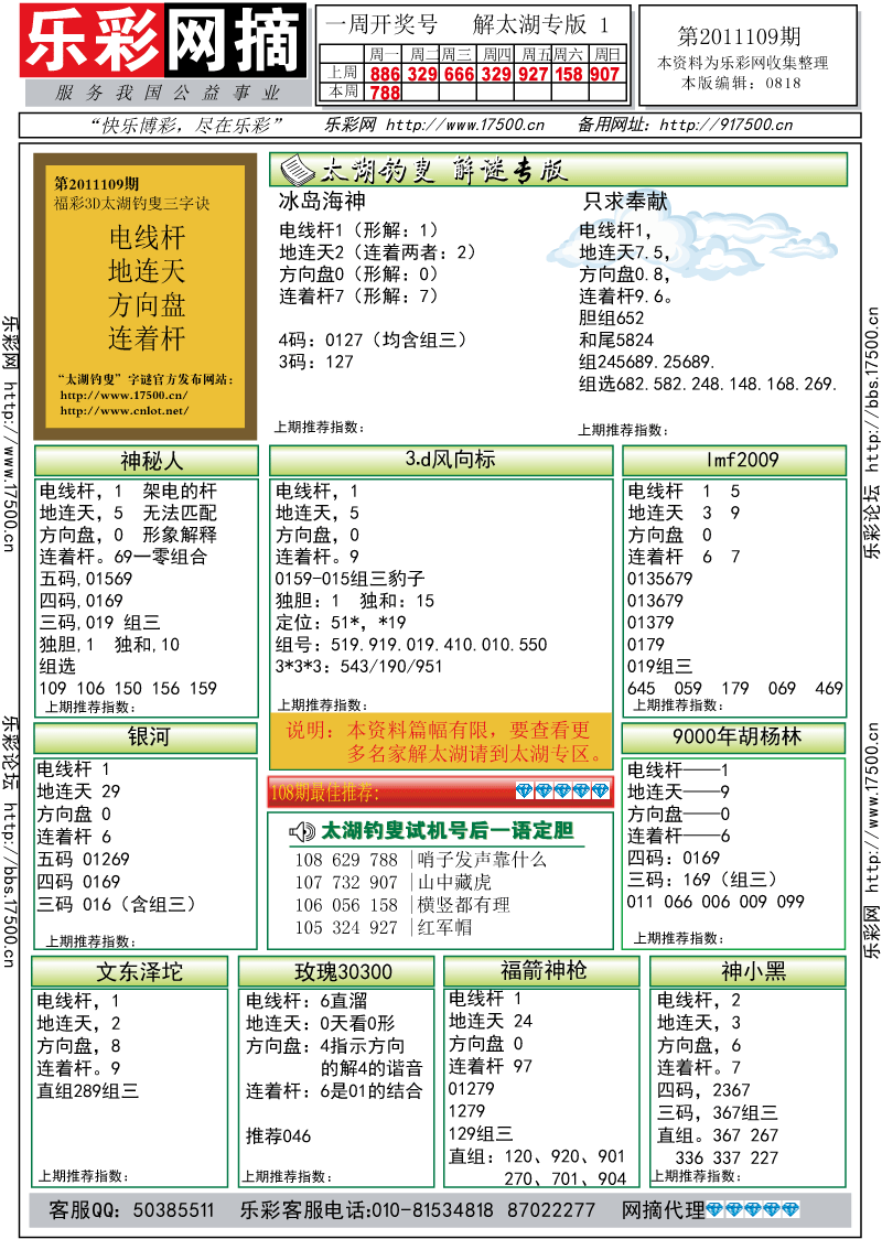 福彩3D第2011109期解太湖钓叟总汇