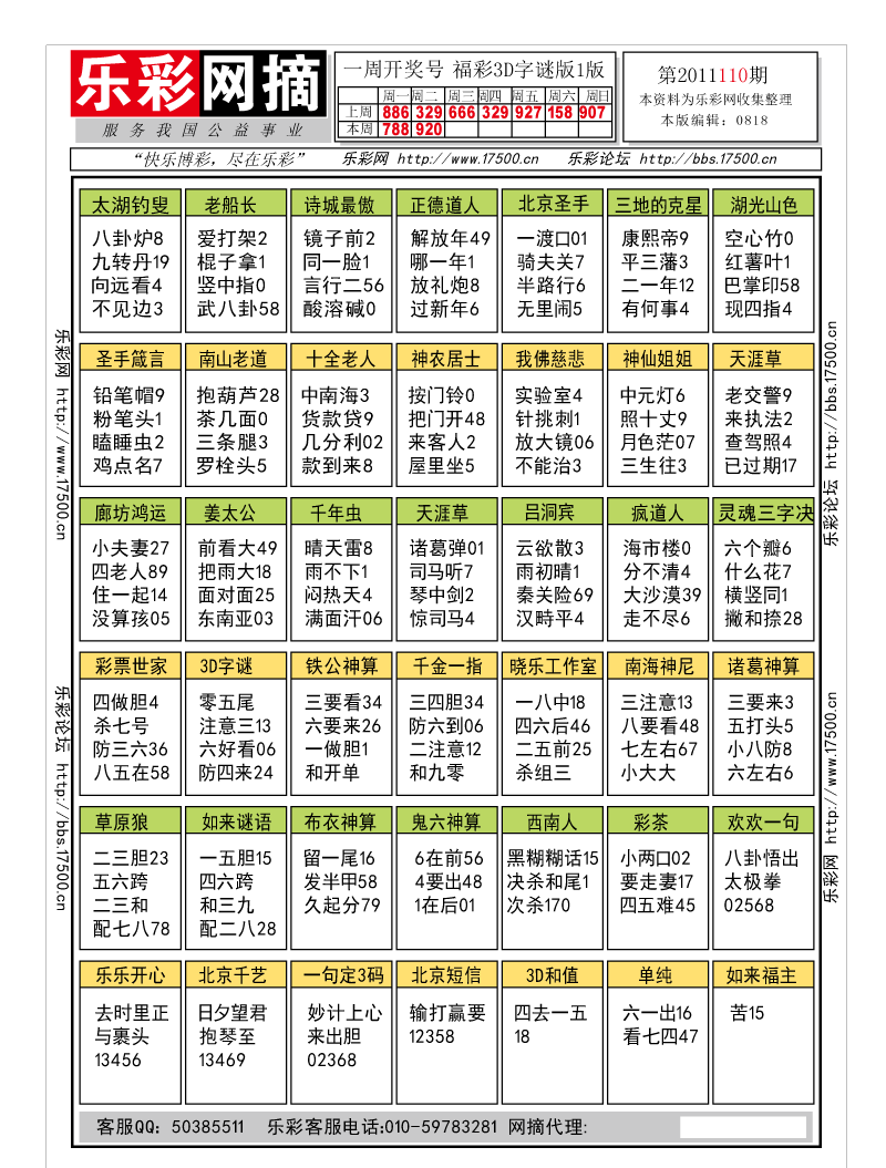 福彩3D第2011110期字谜总汇