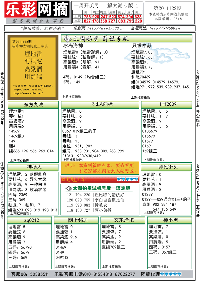 福彩3D第2011122期解太湖钓叟总汇