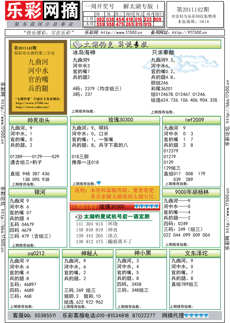 福彩3D第2011142期解太湖钓叟总汇