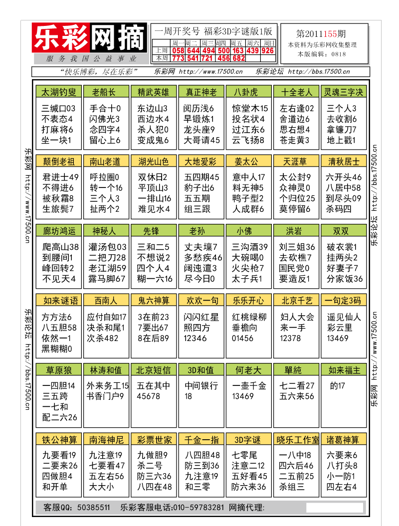 福彩3D第2011155期字谜总汇