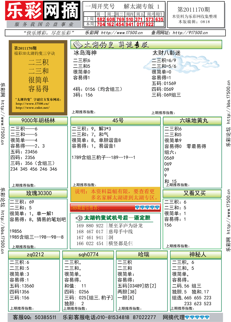 福彩3D第2011170期解太湖钓叟总汇