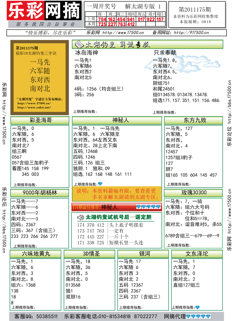 福彩3D第2011175期解太湖钓叟总汇