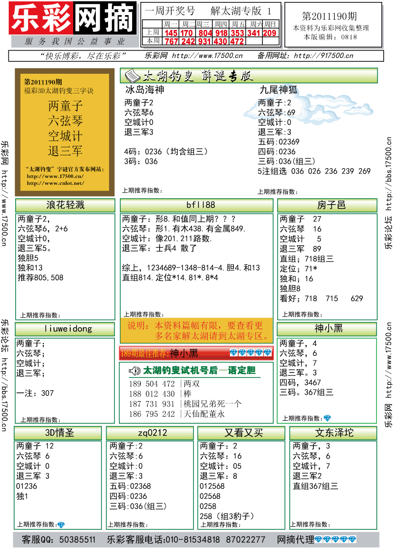 福彩3D第2011190期解太湖钓叟总汇