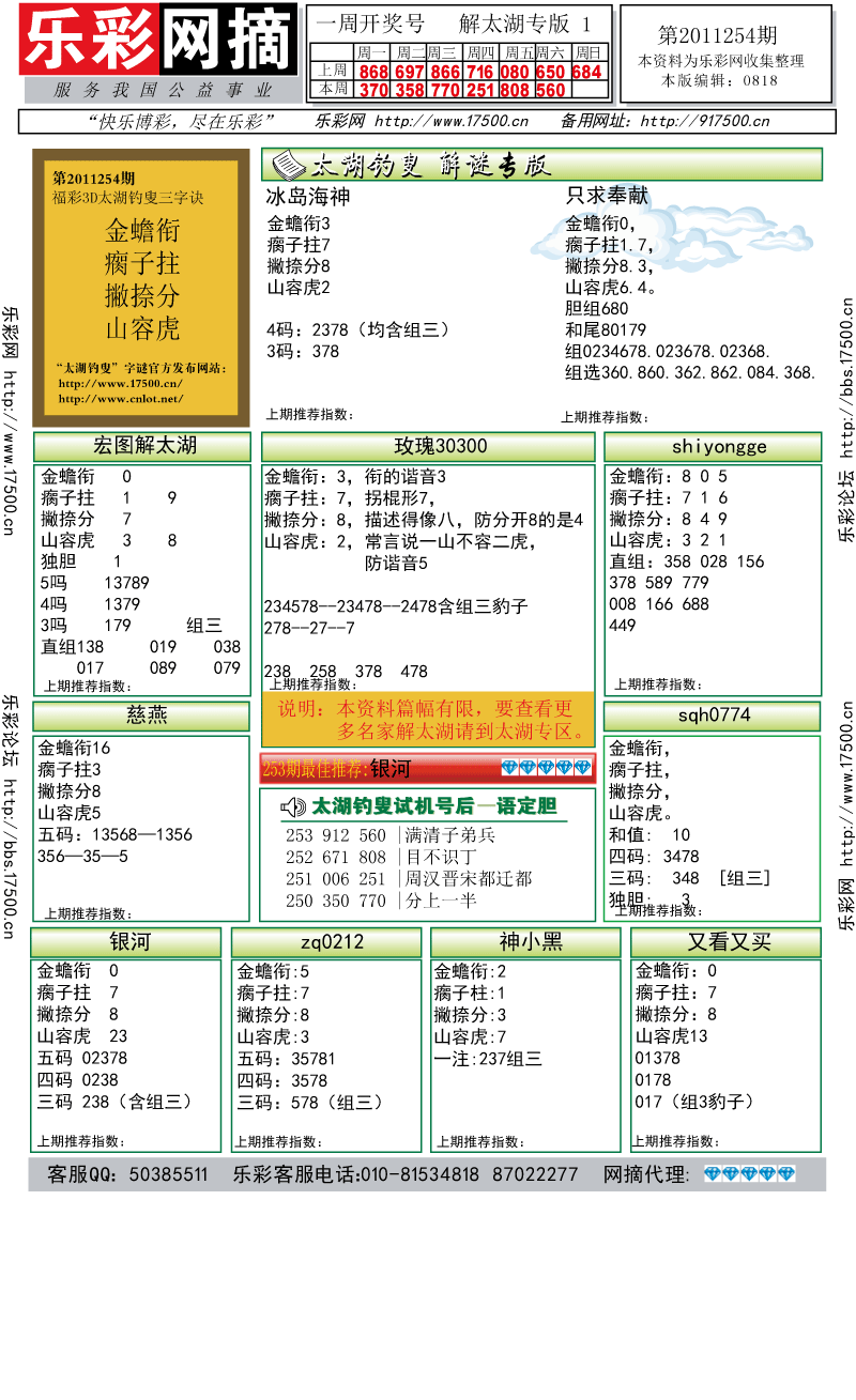 福彩3D第2011254期解太湖钓叟总汇