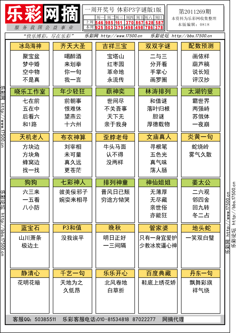 排列三第2011269期字谜总汇