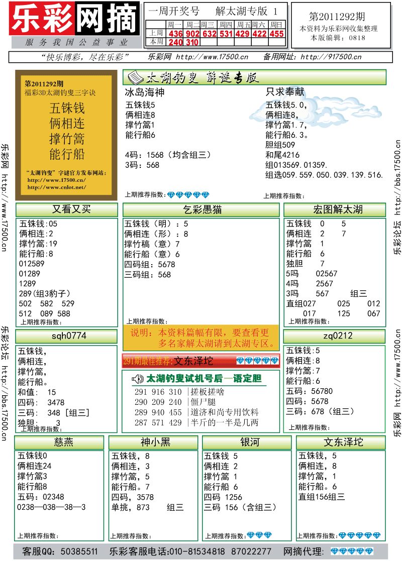 福彩3D第2011292期解太湖钓叟总汇