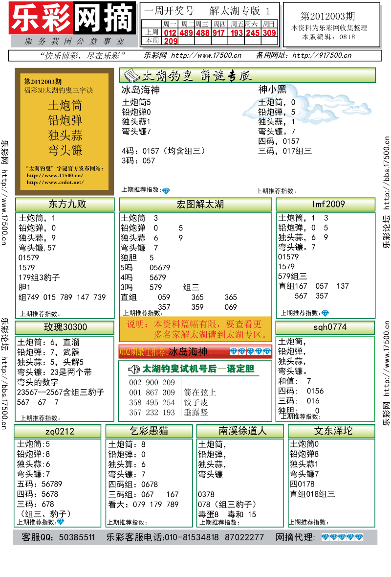 福彩3D第2012003期解太湖钓叟总汇