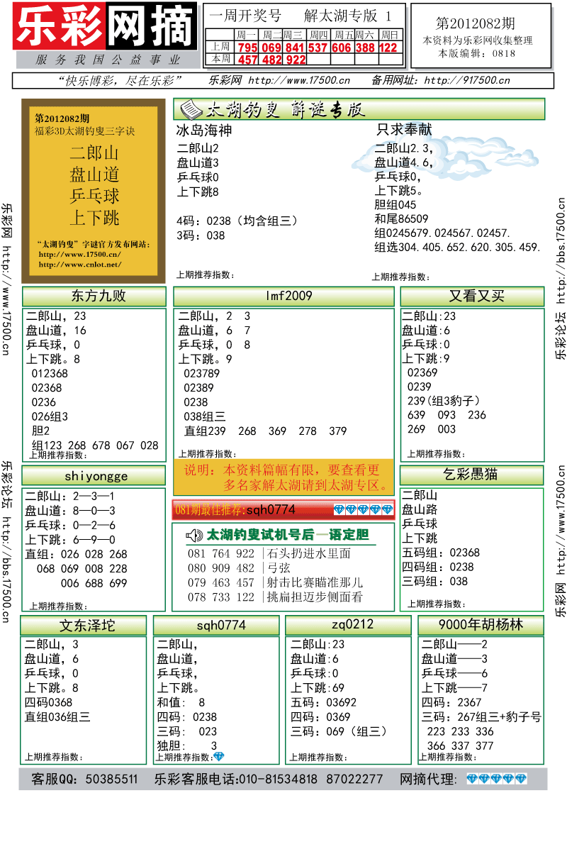 福彩3D第2012082期解太湖钓叟总汇