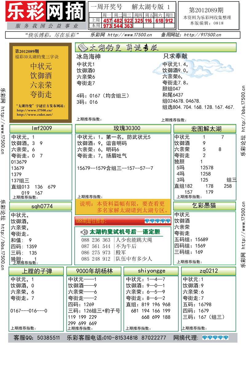 福彩3D第2012089期解太湖钓叟总汇