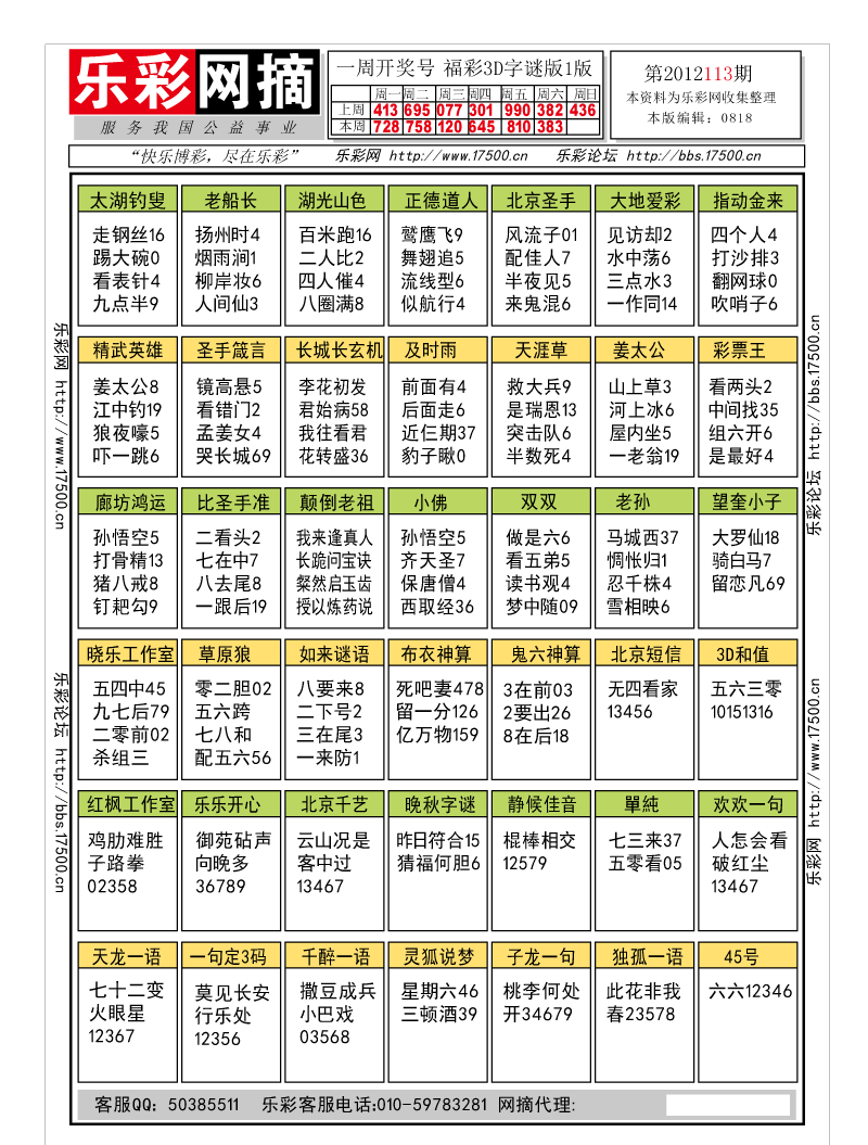 福彩3D第2012113期字谜总汇