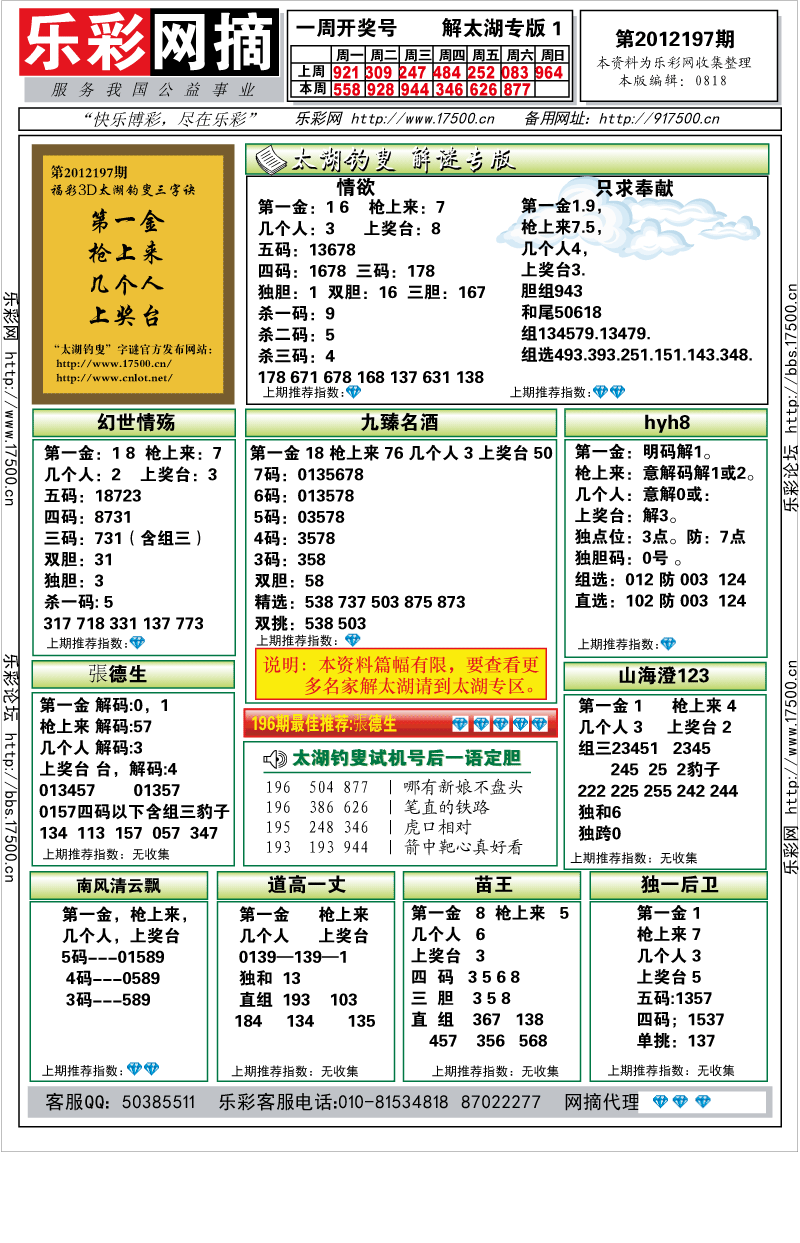 福彩3D第2012197期解太湖钓叟总汇