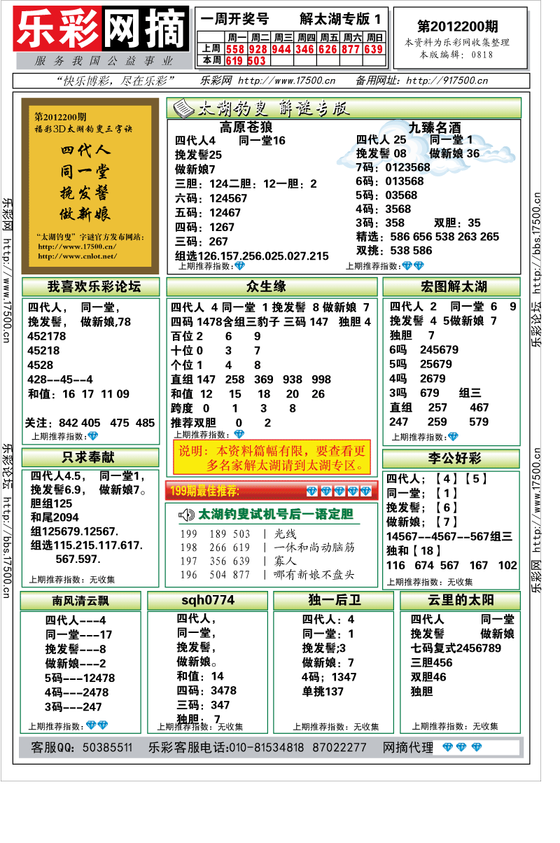 福彩3D第2012200期解太湖钓叟总汇