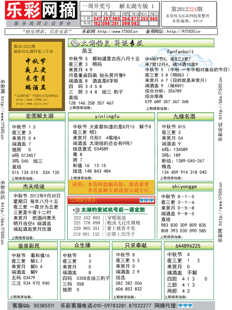 福彩3D第2012224期解太湖钓叟总汇