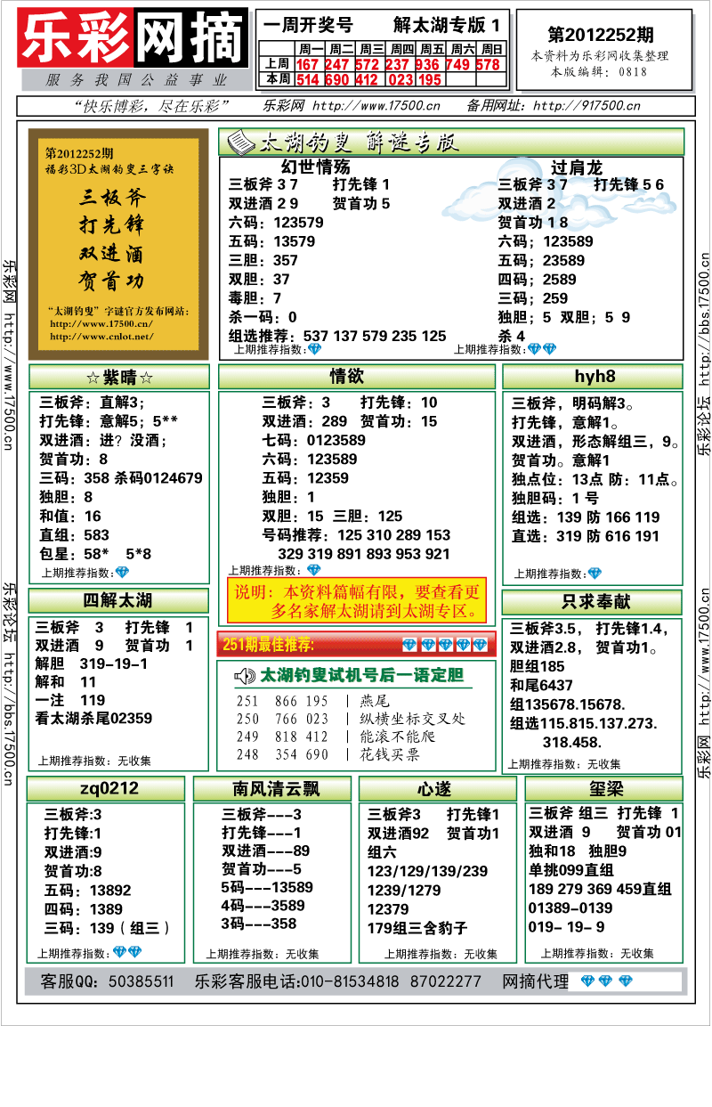 福彩3D第2012252期解太湖钓叟总汇