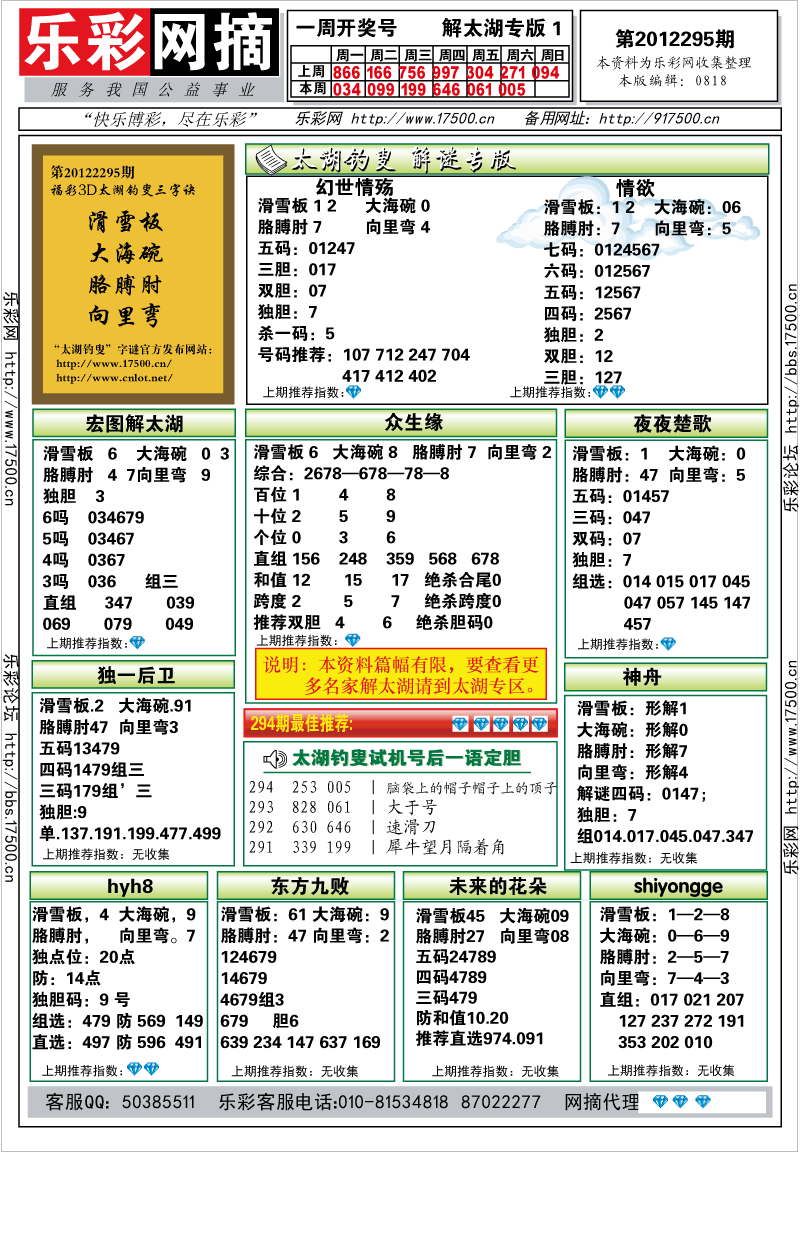 福彩3D第2012295期解太湖钓叟总汇