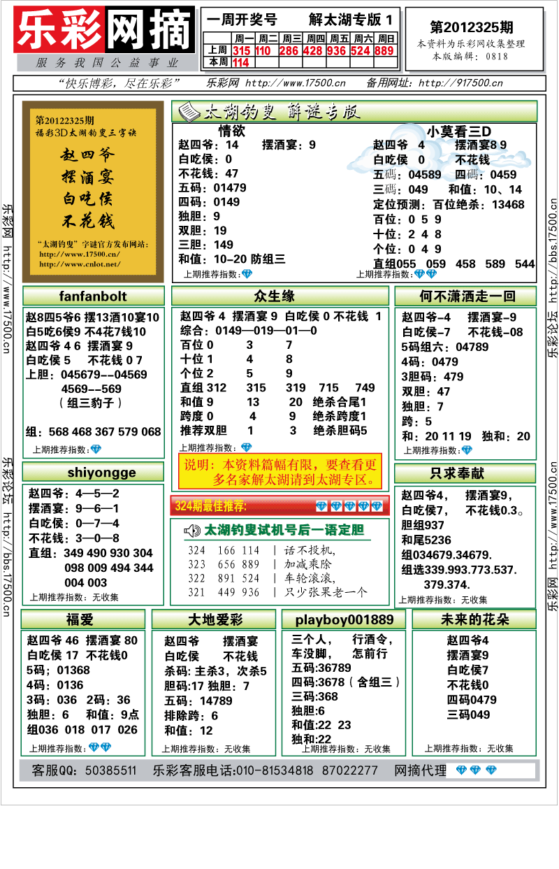 福彩3D第2012325期解太湖钓叟总汇