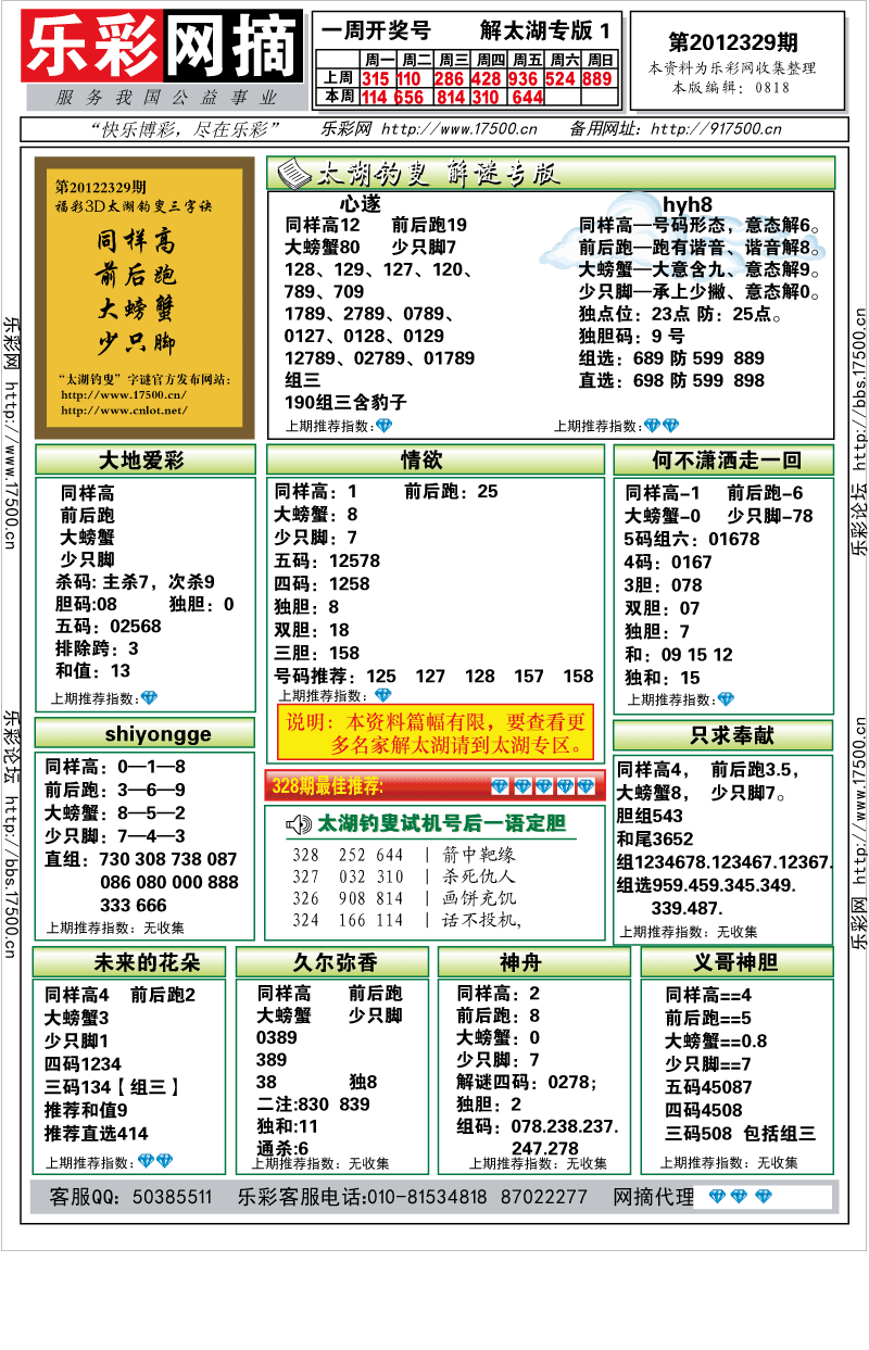 福彩3D第2012329期解太湖钓叟总汇