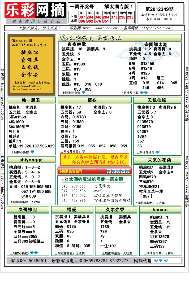 福彩3D第2012349期解太湖钓叟总汇