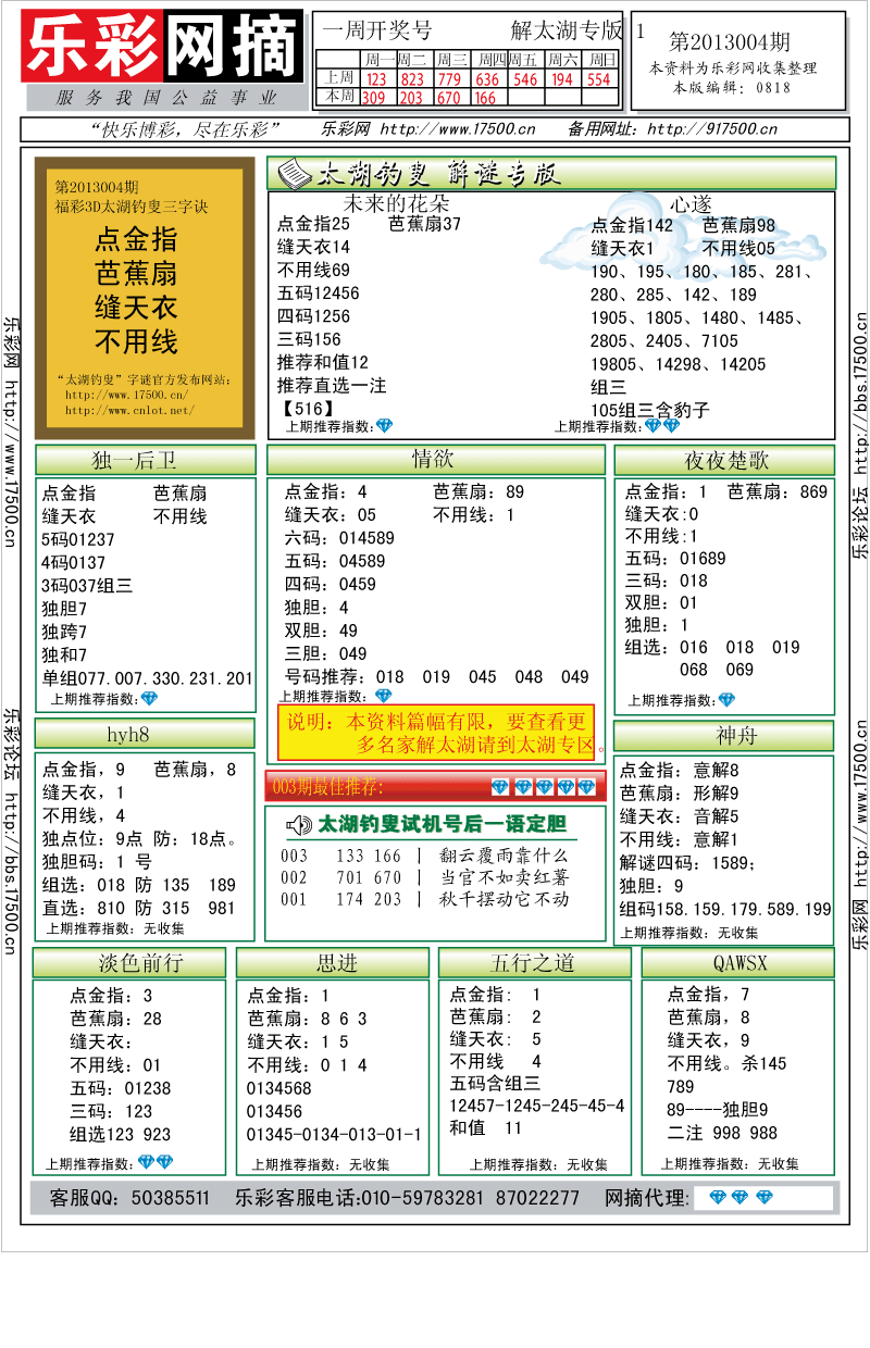 福彩3D第2012004期解太湖钓叟总汇